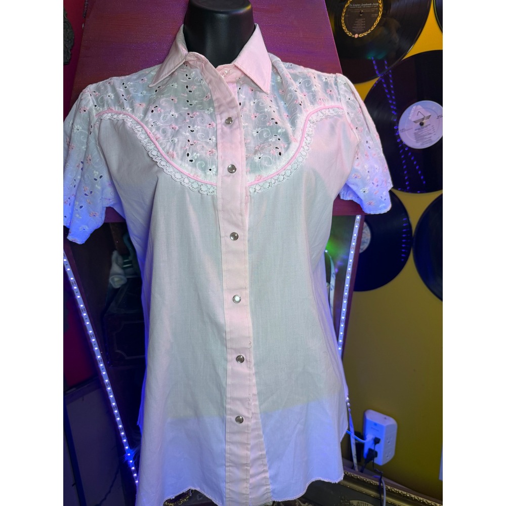 Miss Rodeo America Vintage Western Shirt Pink Eyelet Lace Snap Front Womens